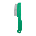 Green plastic handle stainless steel pin flea comb for dogs and cats on a white background.