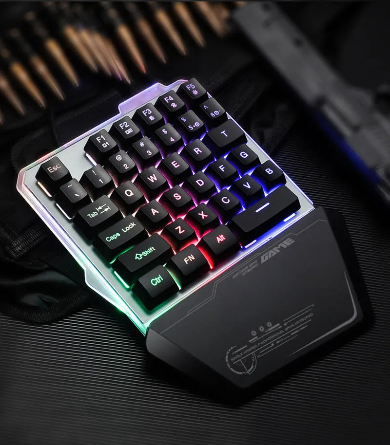 Black robotic one-handed keyboard with RGB backlighting and mechanical switches
