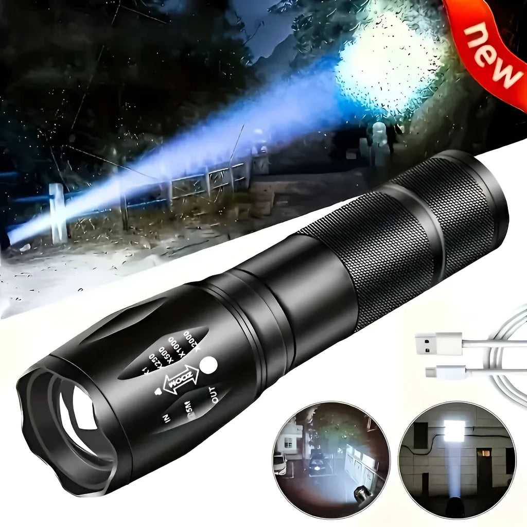 Black high power LED tactical flashlight with zoomable lens and aluminium alloy body