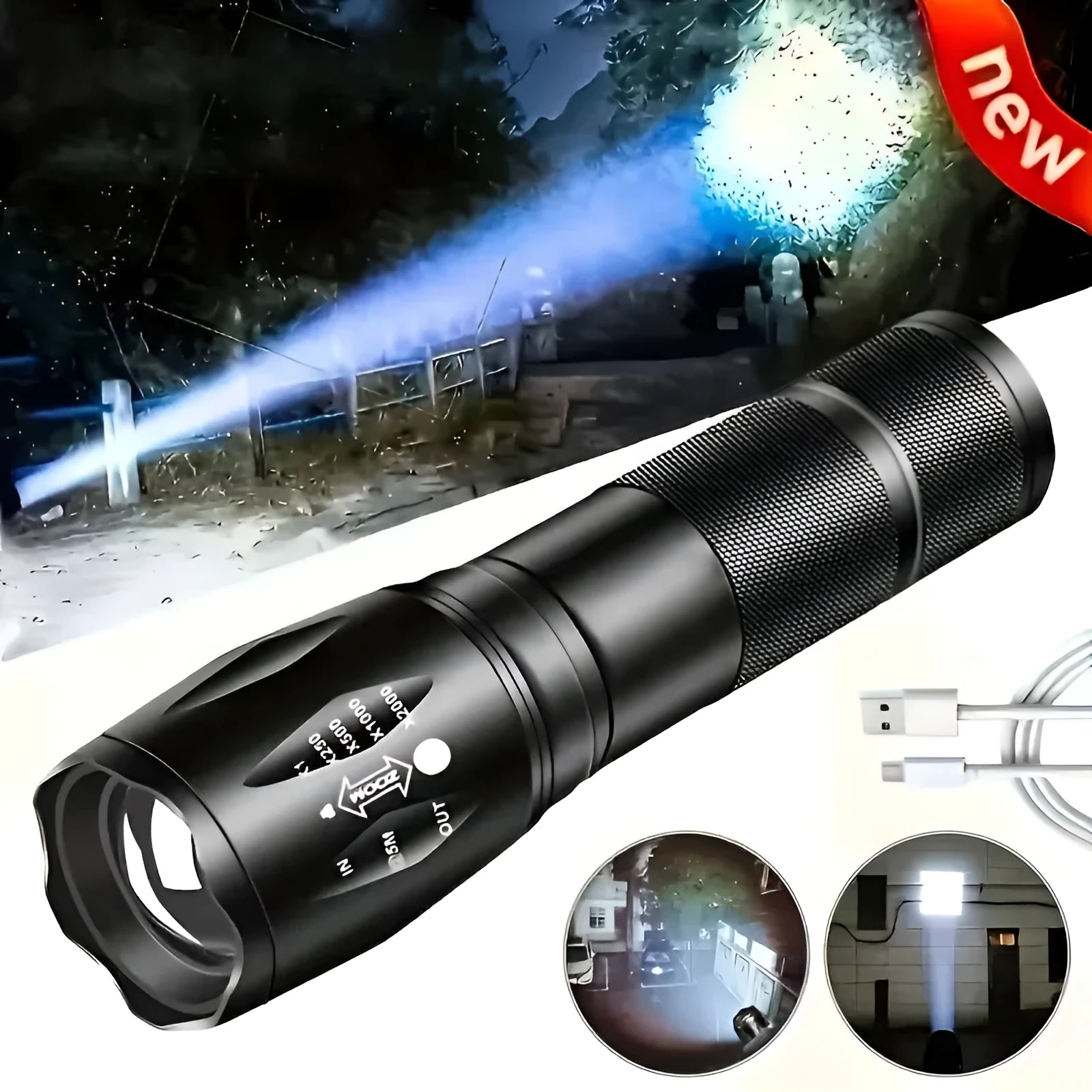 Black high power LED tactical flashlight with zoomable lens and aluminium alloy body