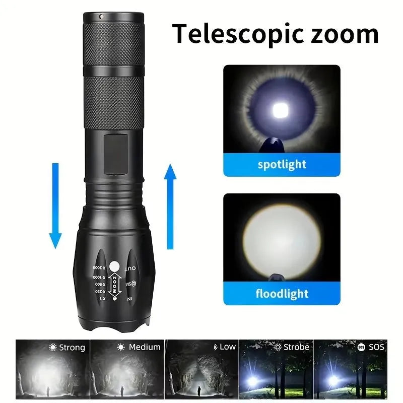 Black high power LED tactical flashlight with zoomable lens and aluminium alloy body