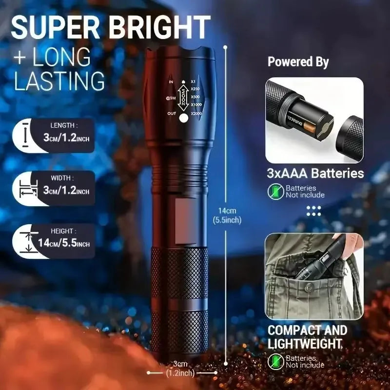 Black high power LED tactical flashlight with zoomable lens and aluminium alloy body