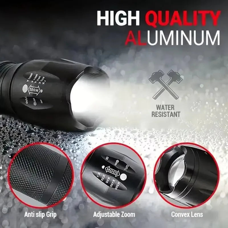 Black high power LED tactical flashlight with zoomable lens and aluminium alloy body