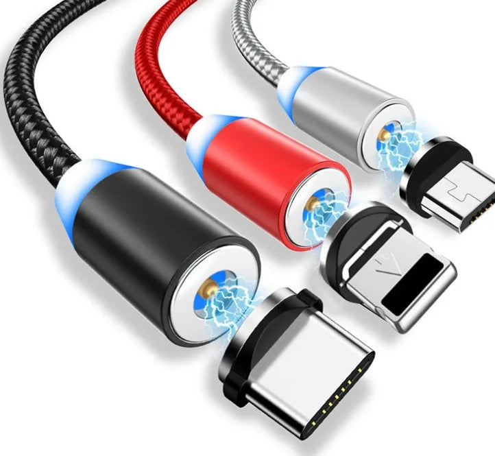 YBD black magnetic LED charging cable with cotton weave, aluminium shell, and LED light shown next to a smartphone.