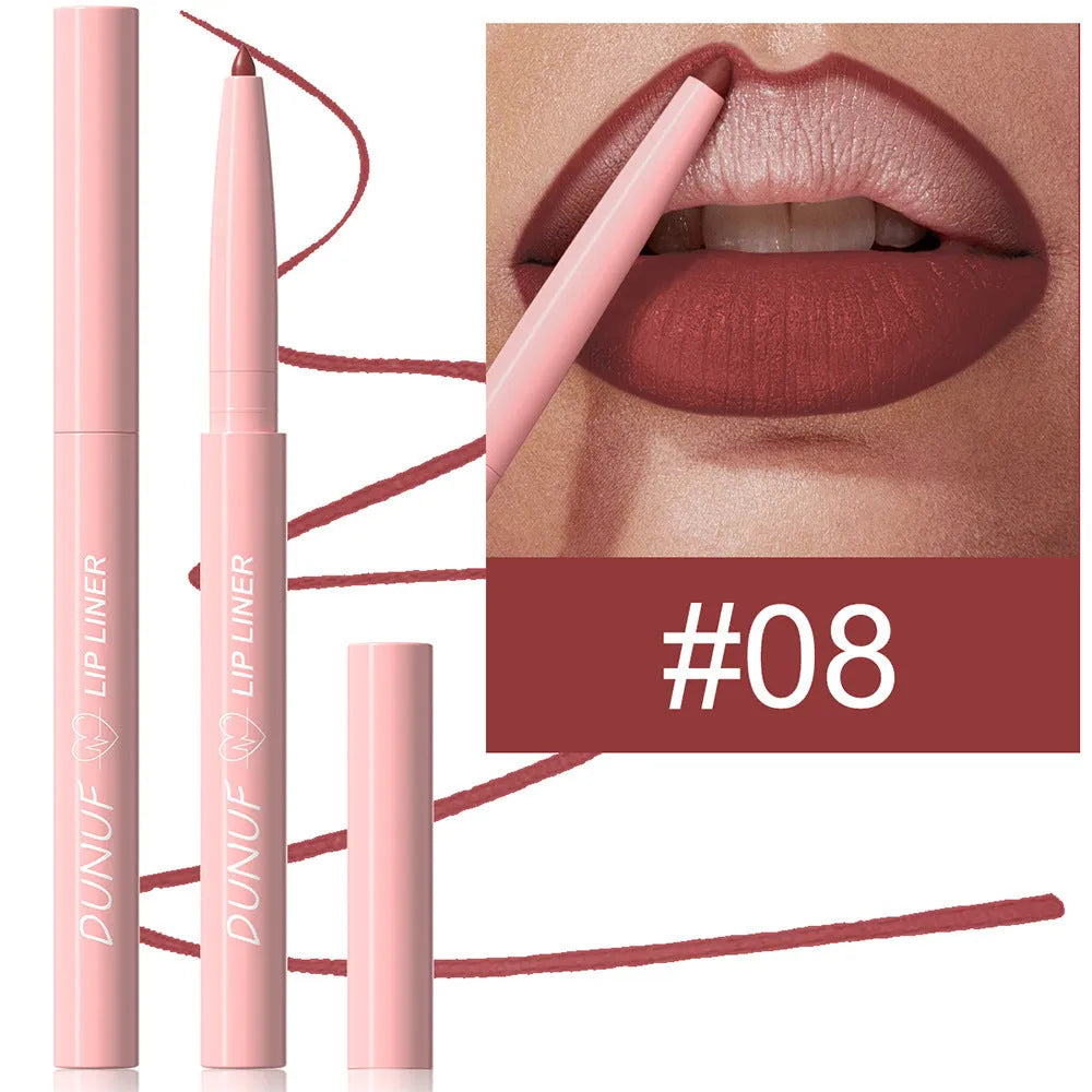 Matte velvet lip liner pencil showing 12 colour shades from nude to plum