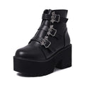 Black women's punk Martin boots with side zipper, bat buckle, and thick platform heel
