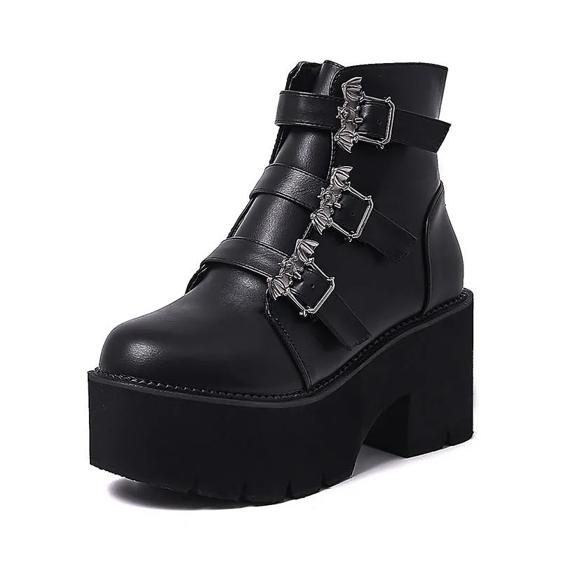 Black women's punk Martin boots with side zipper, bat buckle, and thick platform heel