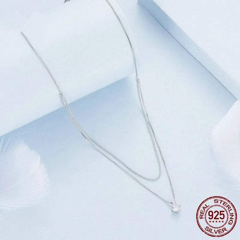 S925 sterling silver double-layer necklace with pearl chain in silver tone
