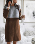 Brown women's polar fleece patchwork dress with long sleeves and round neck in retro princess style
