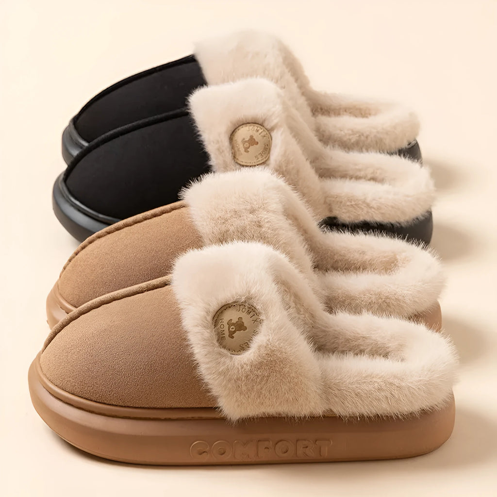 Plush fleece indoor slippers with thick PVC soles in various colours