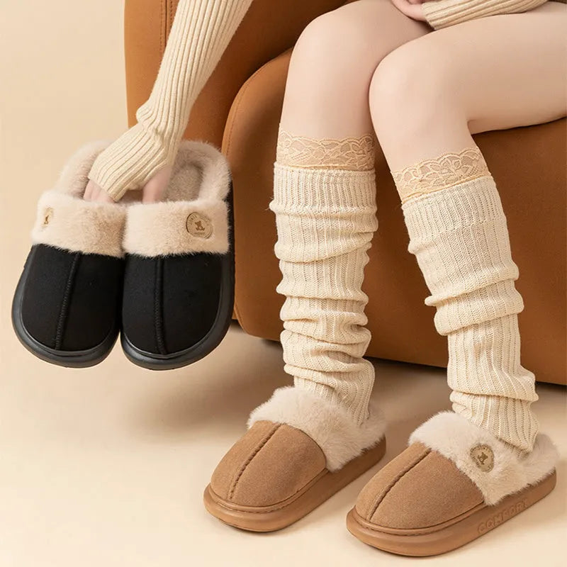 Plush fleece indoor slippers with thick PVC soles in various colours