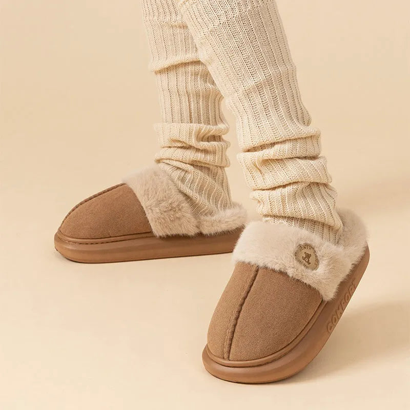Plush fleece indoor slippers with thick PVC soles in various colours