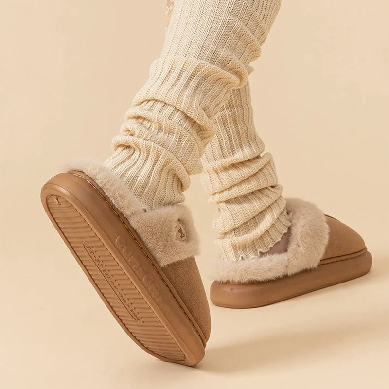 Plush fleece indoor slippers with thick PVC soles in various colours