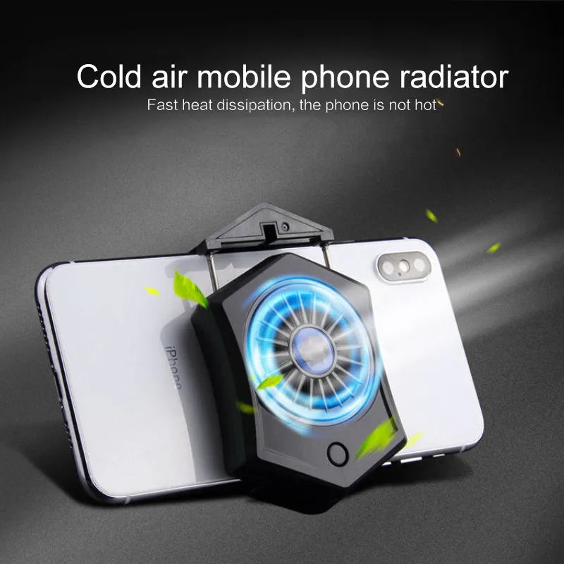 Black and white USB mobile phone radiator with aluminium cooling fins and 30mm fan measuring 66mm square