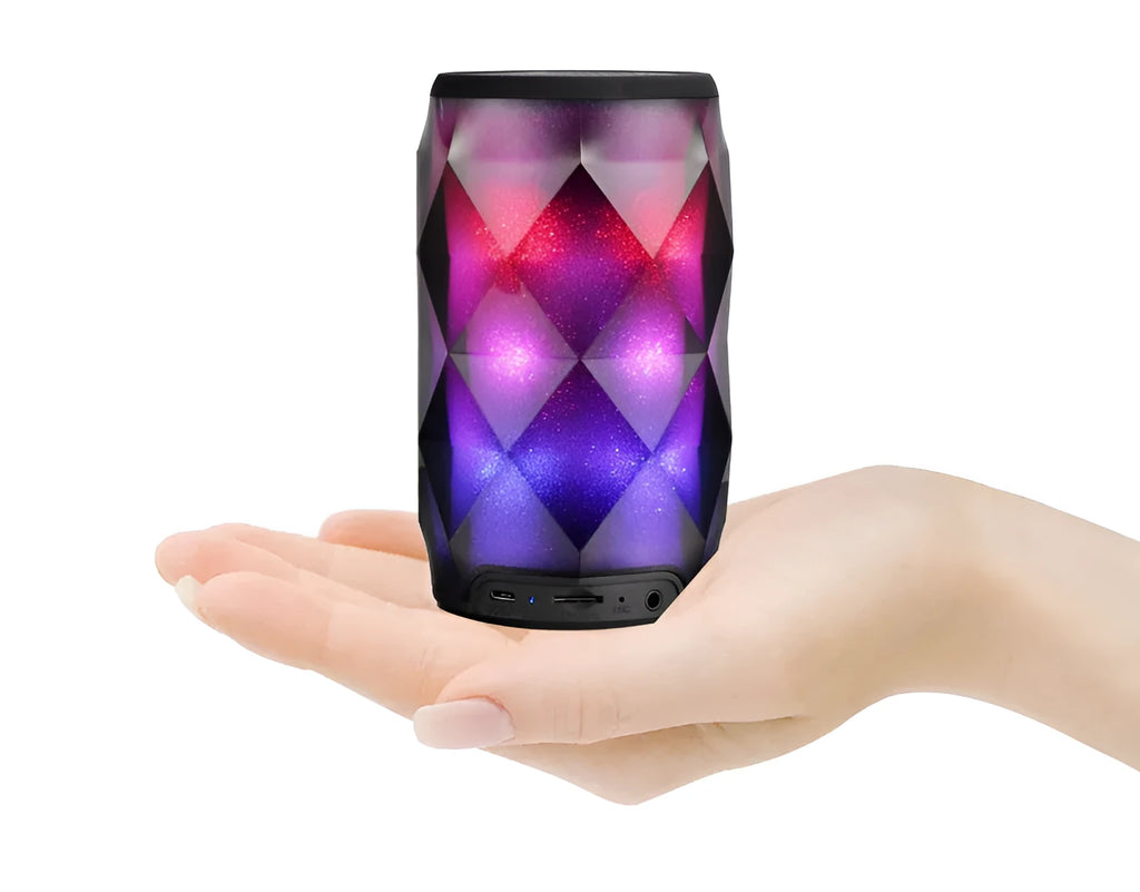 Black crystal diamond-cut Coke can shaped Bluetooth speaker with colourful lighting effects.