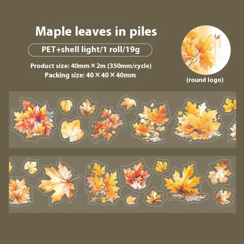 Roll of Deciduous Poetry Series decorative stickers showing autumn leaf patterns, 40mm wide.