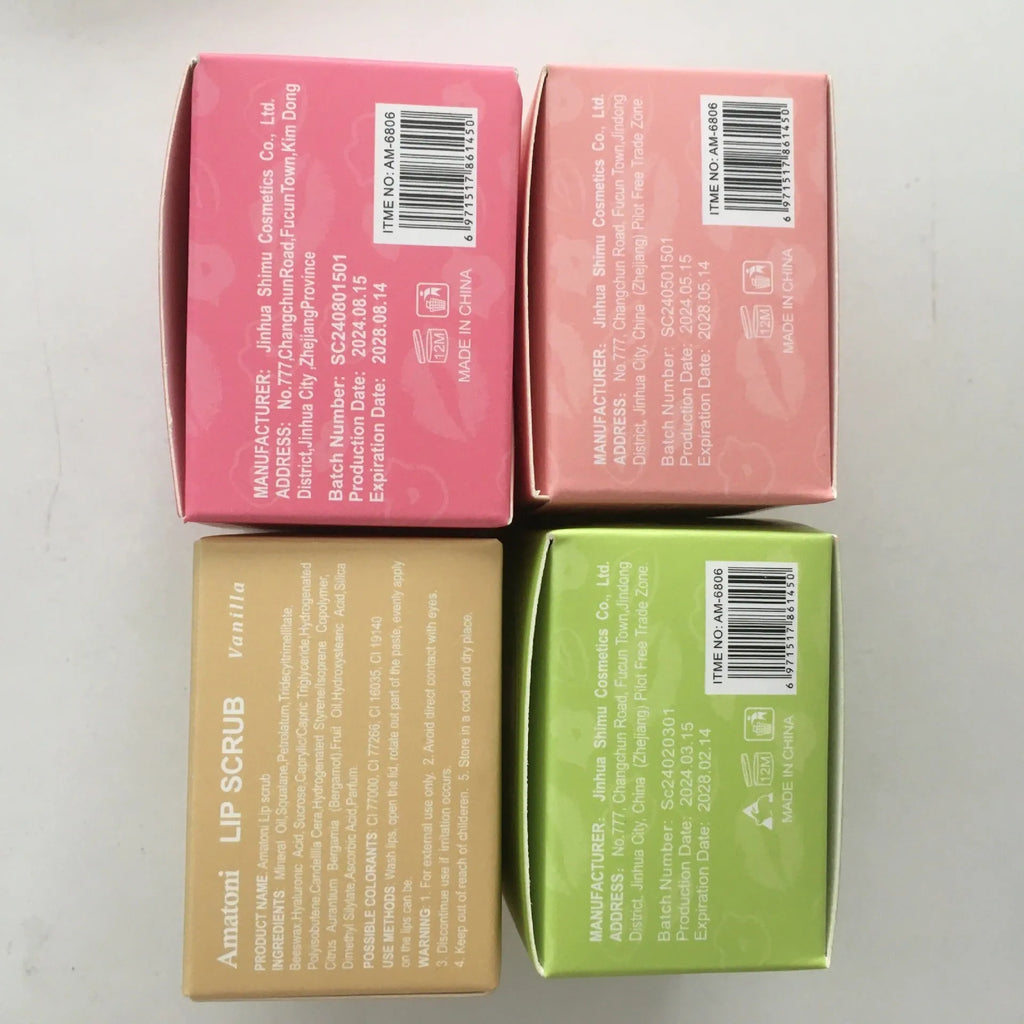 Amatoni lip scrub cream in 30g container with coconut, raspberry, vanilla, and watermelon flavour options