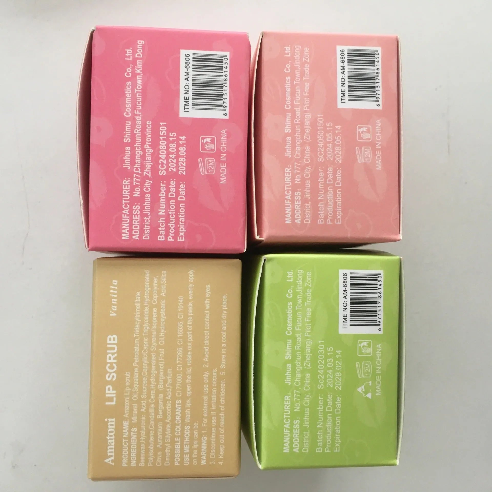 Amatoni lip scrub cream in 30g container with coconut, raspberry, vanilla, and watermelon flavour options