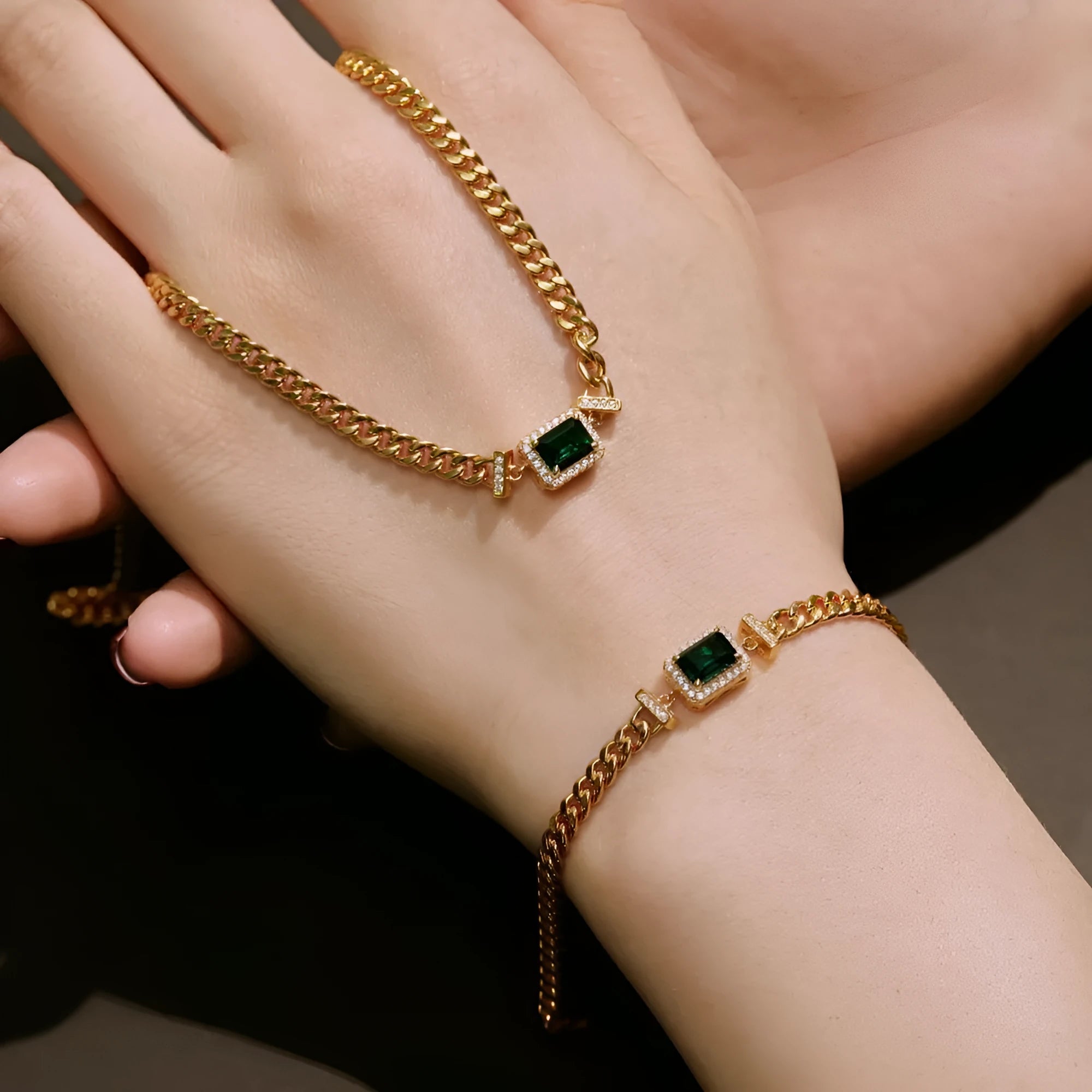 Gold electroplated 925 silver Cuban link necklace and bracelet set for women