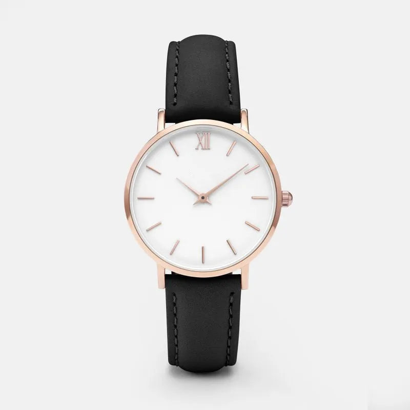Square-faced quartz watch with a PU leather strap showing colour options on a white background.