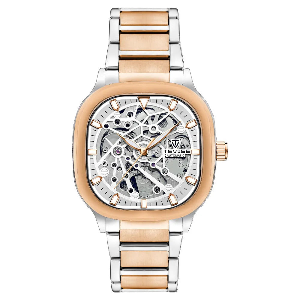 Men's square automatic watch with luminous hollow dial on a stainless steel strap, shown in blue colour.