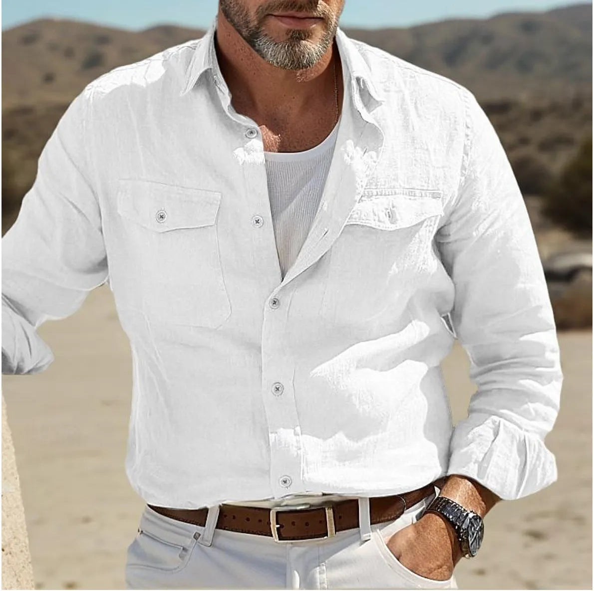 Men's long sleeve casual shirt in a cotton linen blend, shown in green, with a loose fit and button-down front.