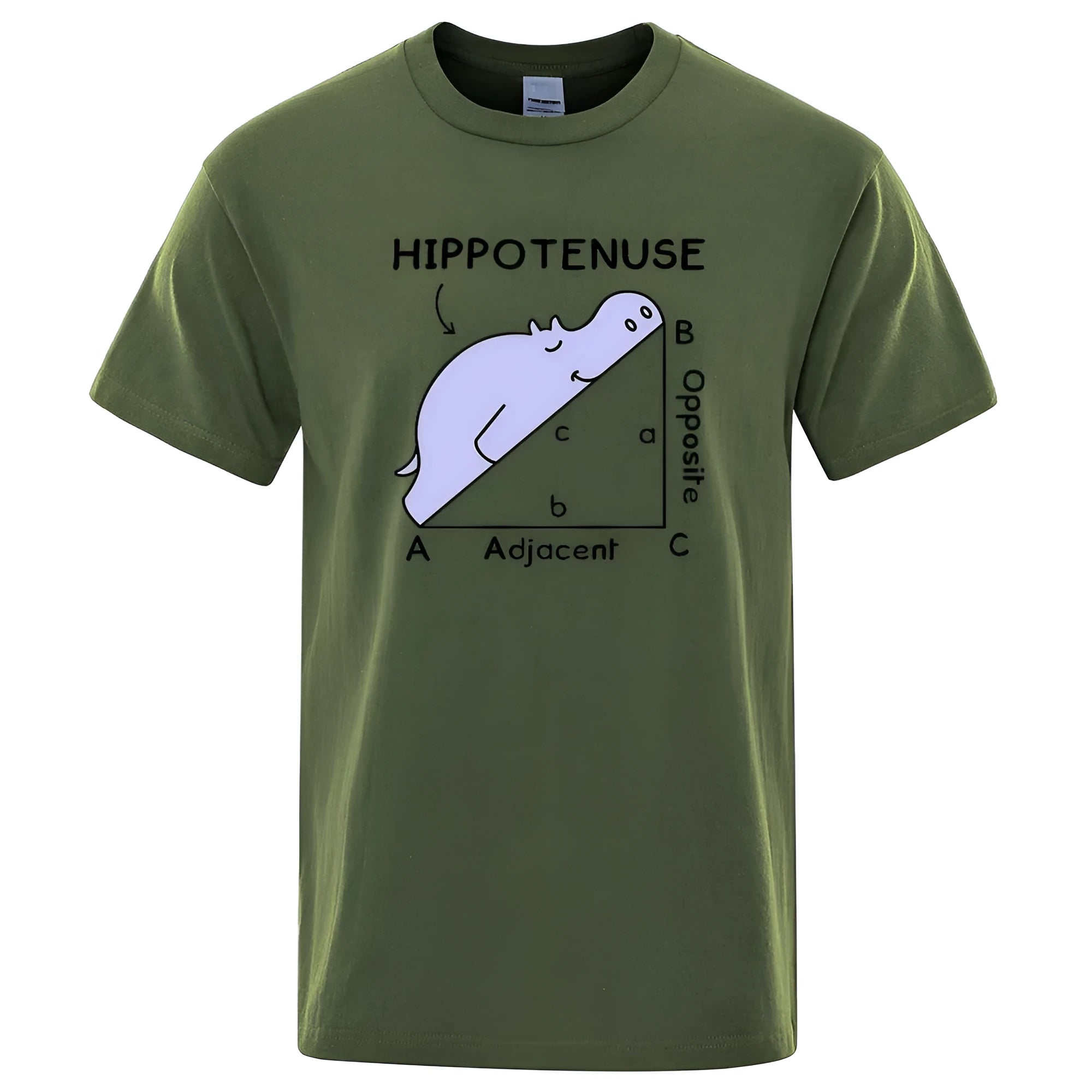 Humorous Hippotenuse Opposite Adjacent printed loose-fit cotton t-shirt in Army Green.