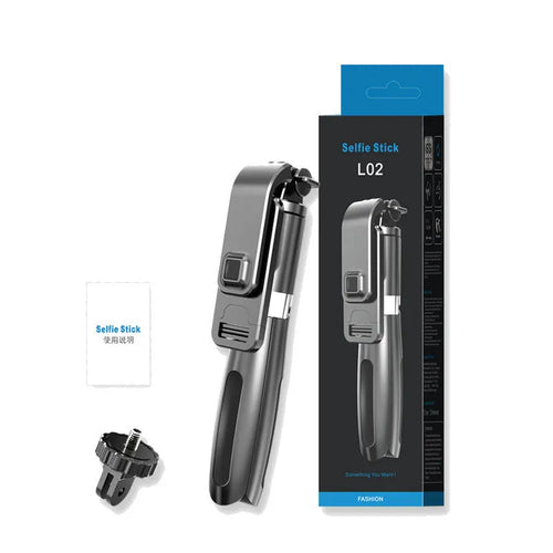 Black extendable Bluetooth selfie stick with tripod legs and wireless remote on a white background.