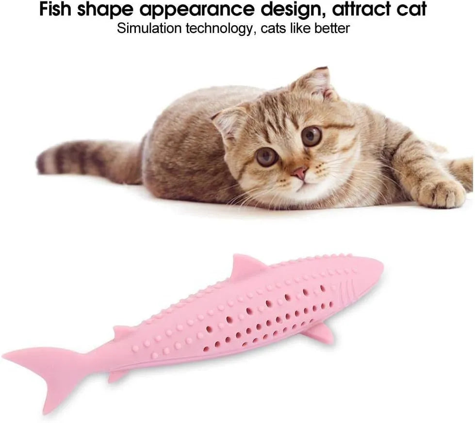 Green silicone fish shaped cat chew toy with breathable side holes on a white background