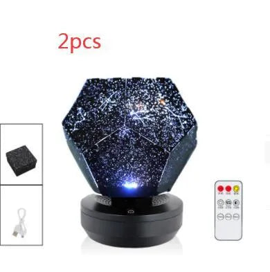 LED star projector showing 3D constellation projection on bedroom ceiling with remote control