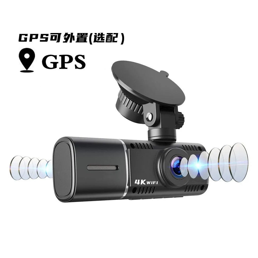 Black dashcam car camera with wide-angle lens, 1.5-inch screen, and mounting stand