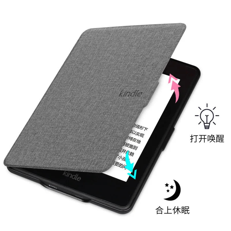 Youth version linen leather style protective hard shell case for Kindle Paperwhite with magnetic closure.