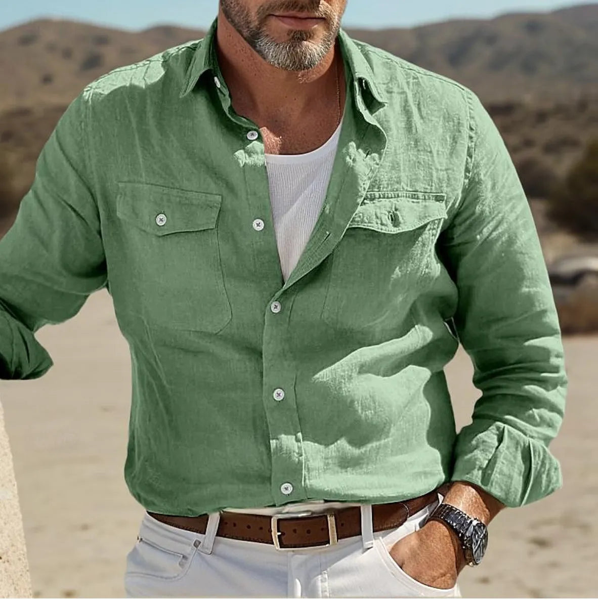 Men's long sleeve casual shirt in a cotton linen blend, shown in green, with a loose fit and button-down front.