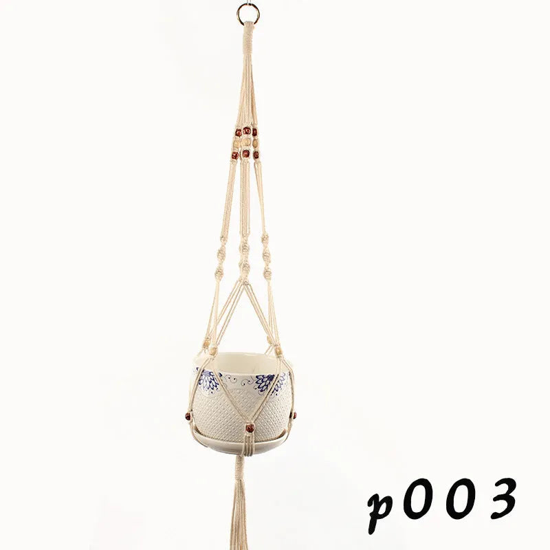 Woven wire plant hanger with cotton rope and jute twine in multiple style configurations