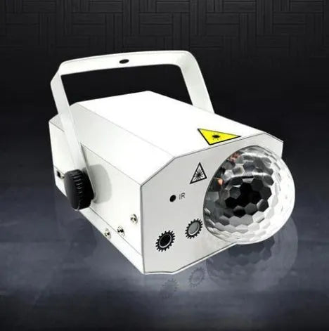 Black and white LED laser magic fan stage light with remote control on a dark background.