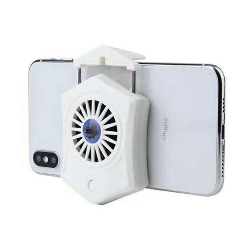 Black and white USB mobile phone radiator with aluminium cooling fins and 30mm fan measuring 66mm square