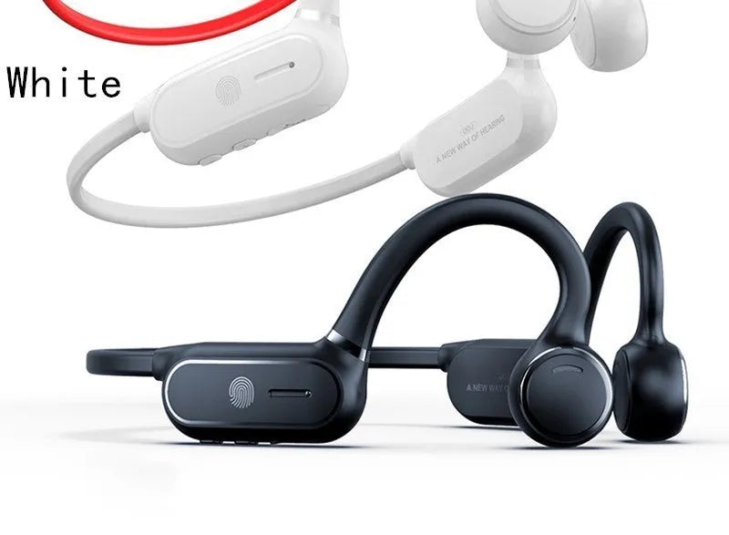 Black air conduction wireless earphones with titanium frame showing ergonomic ear-hanging design