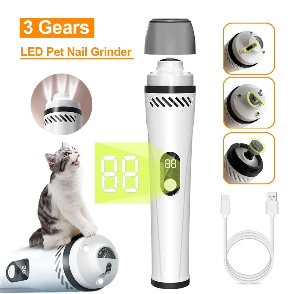 Electric dog nail trimmer with LCD display showing power levels and dust collection system