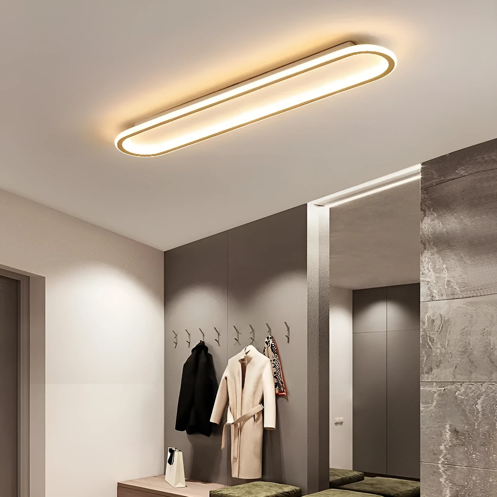 Minimalist black aluminium strip ceiling lamp with PVC shade mounted on a white ceiling