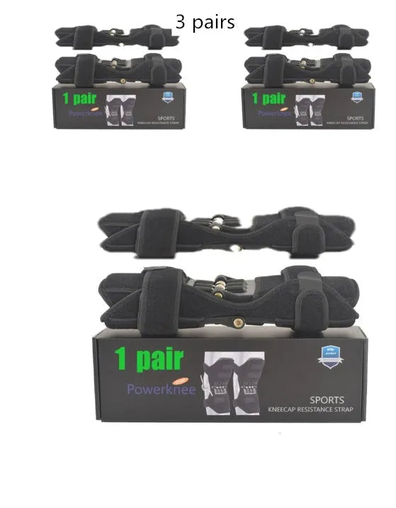 Adjustable black spring knee brace with straps and venting holes for sports support.