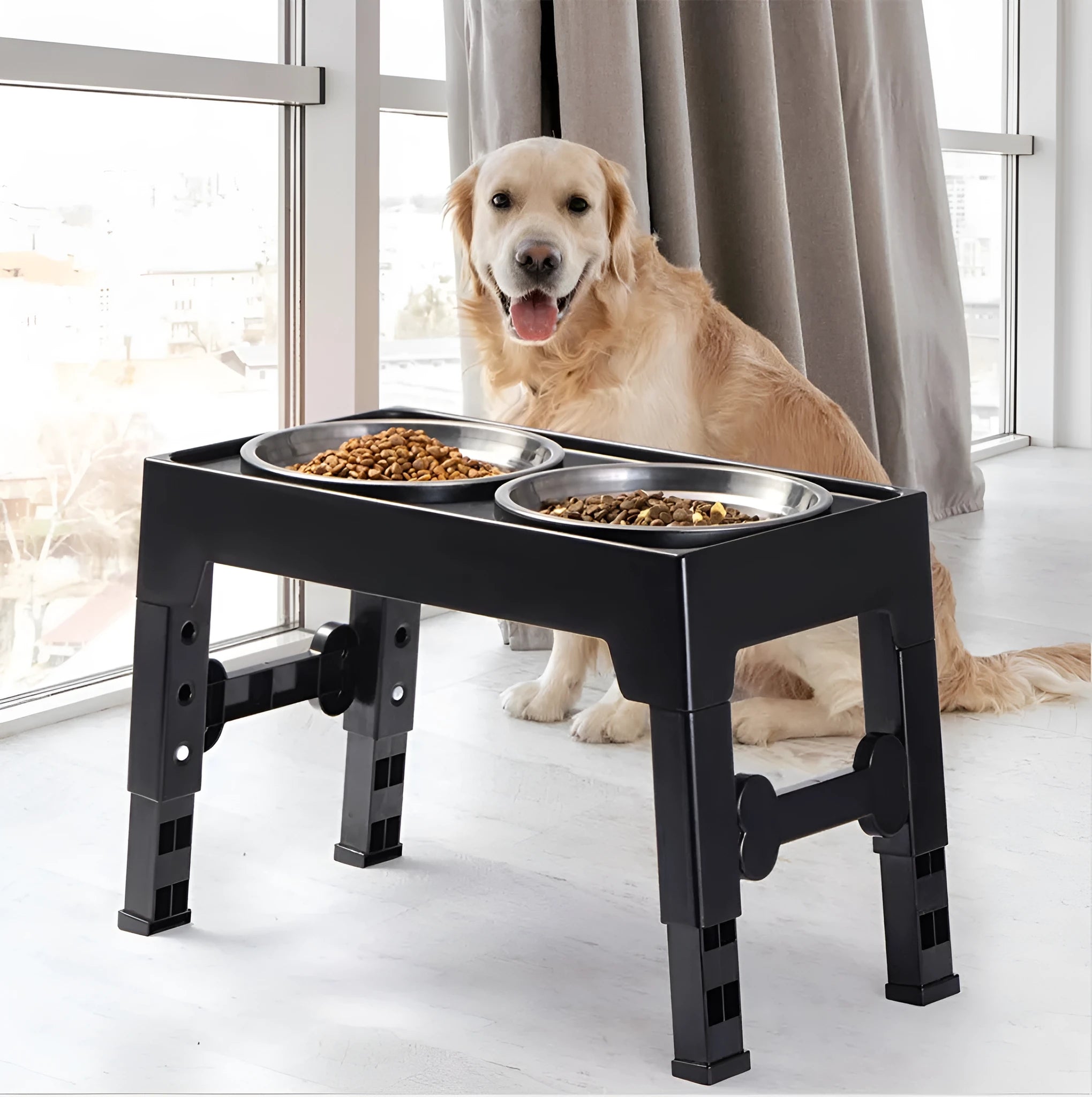 Black pet lifting feeding bowl with stainless steel double bowls and anti-tumble base for medium large dogs
