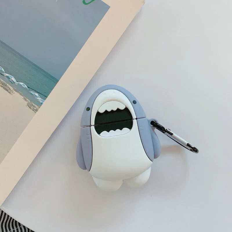 Silicone protective skin cover on a pair of white Apple AirPods 1 or 2 wireless earbuds.