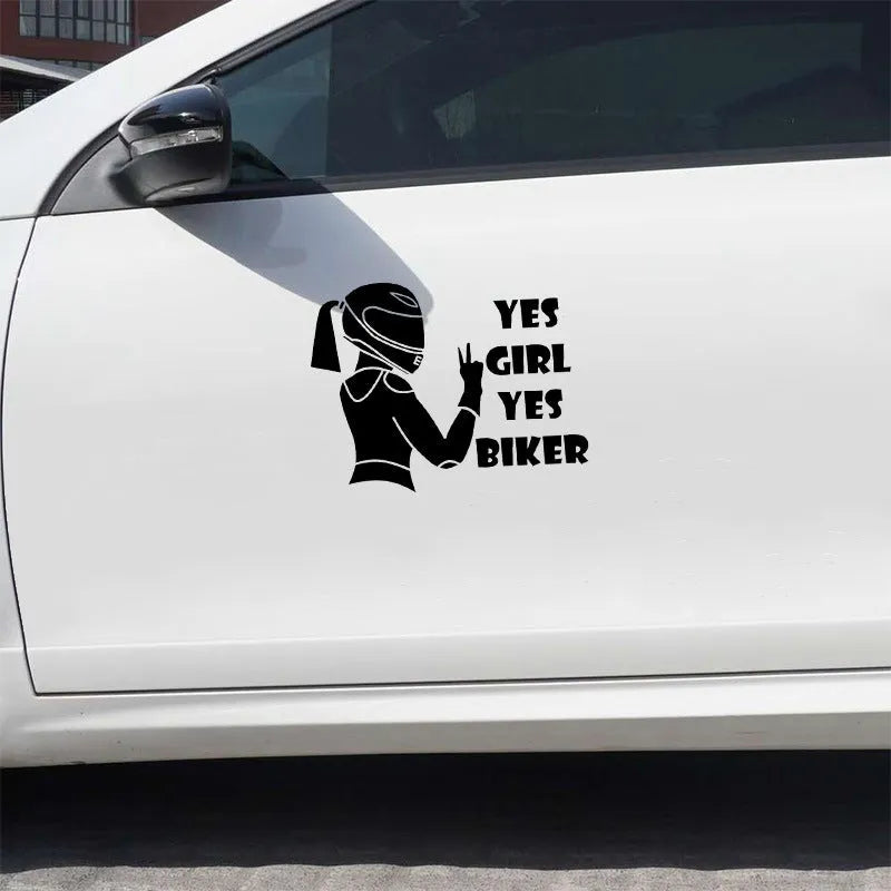 Waterproof riding girl character car sticker on PET film, 16cm wide by 15cm high.
