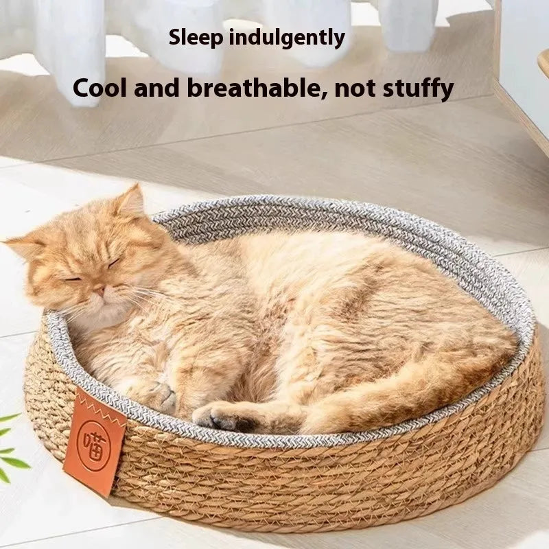 Natural rattan woven cat bed in nest design available in four different sizes