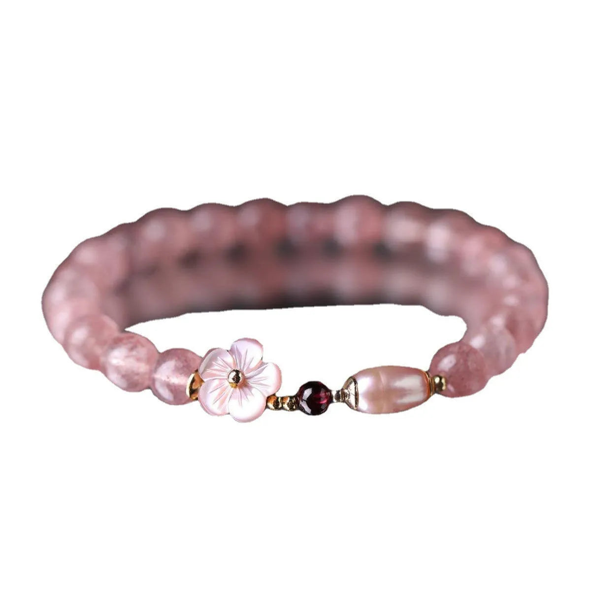 Strawberry quartz peach blossom crystal bracelet with flower-shaped beads on elastic cord