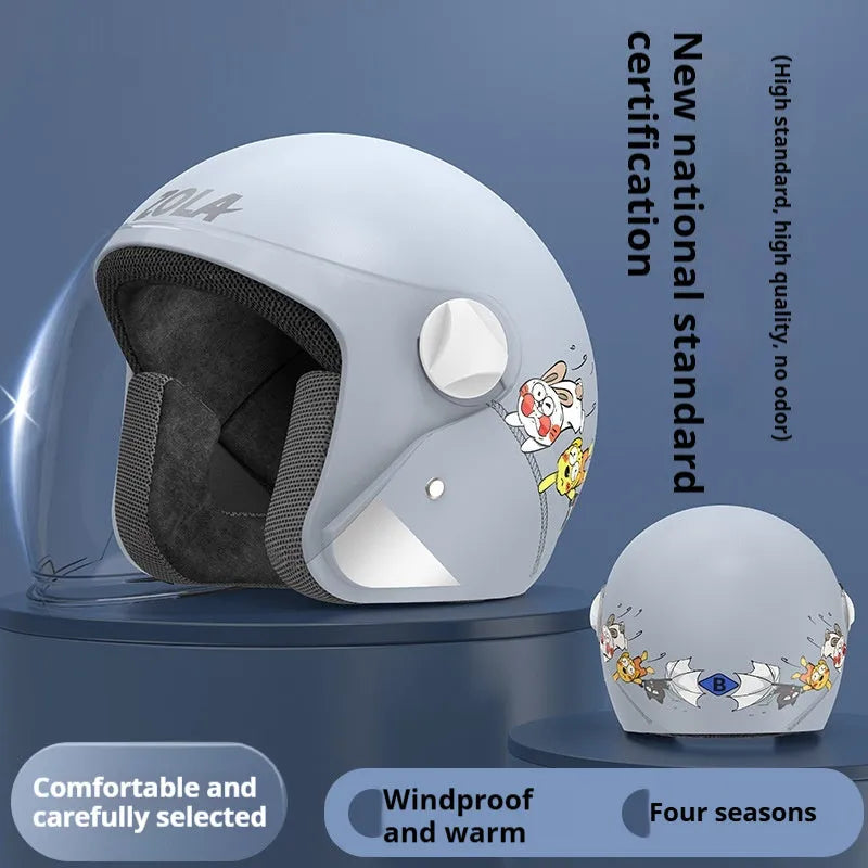 Winter electric bike helmet with anti-fog visor shown in blue colour with attached ear covers.