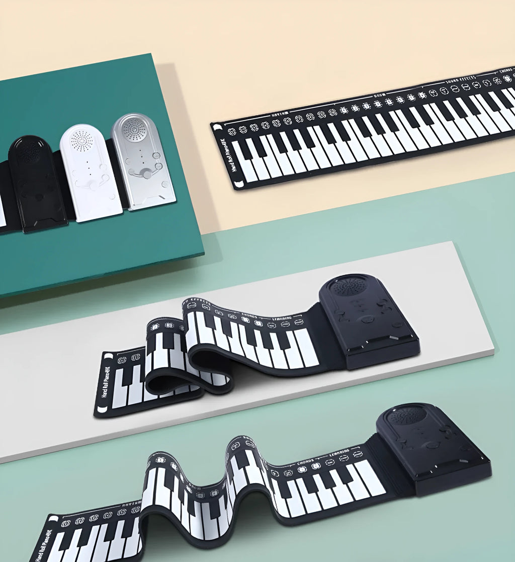 49 key roll up electronic keyboard in glossy black showing flexible silicone piano keys and portable folding design