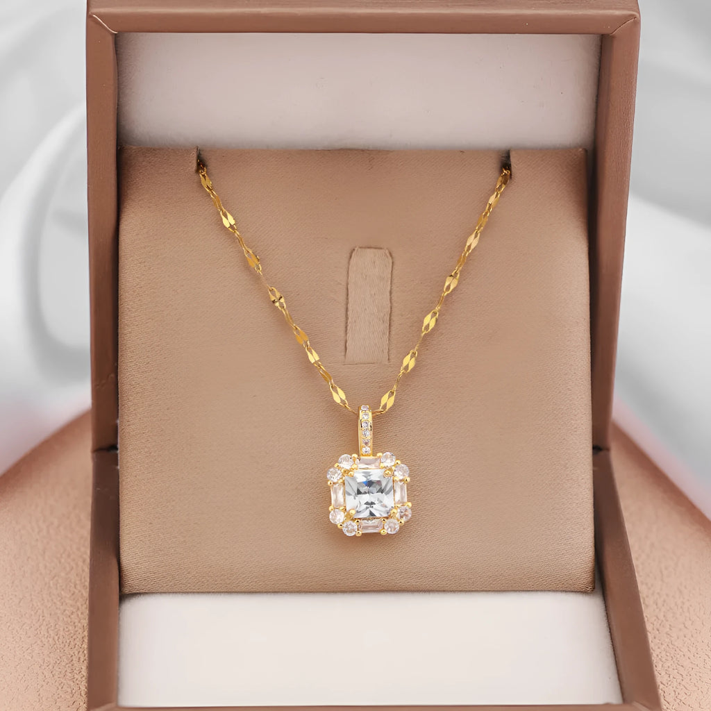 Women's geometric quadrilateral pendant necklace with mixed gemstone inlay on gold titanium steel chain
