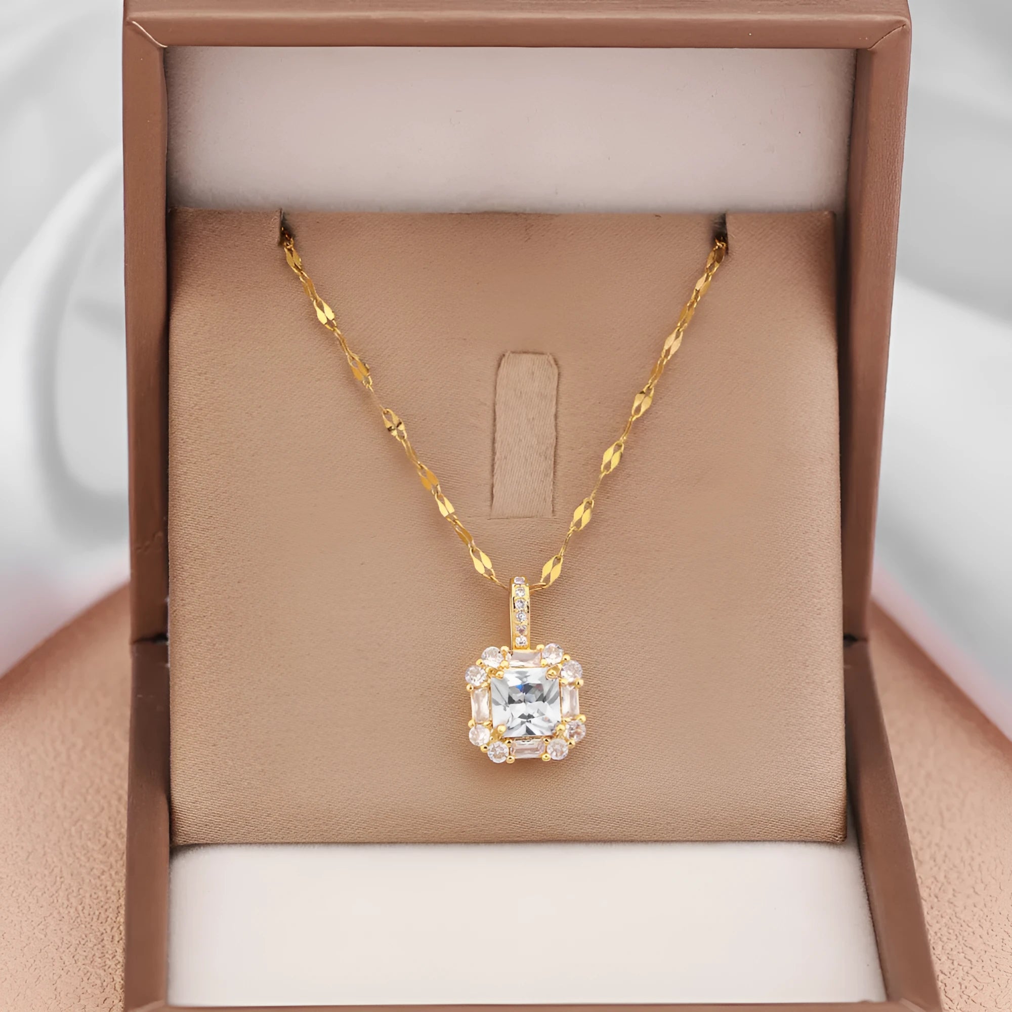 Women's geometric quadrilateral pendant necklace with mixed gemstone inlay on gold titanium steel chain