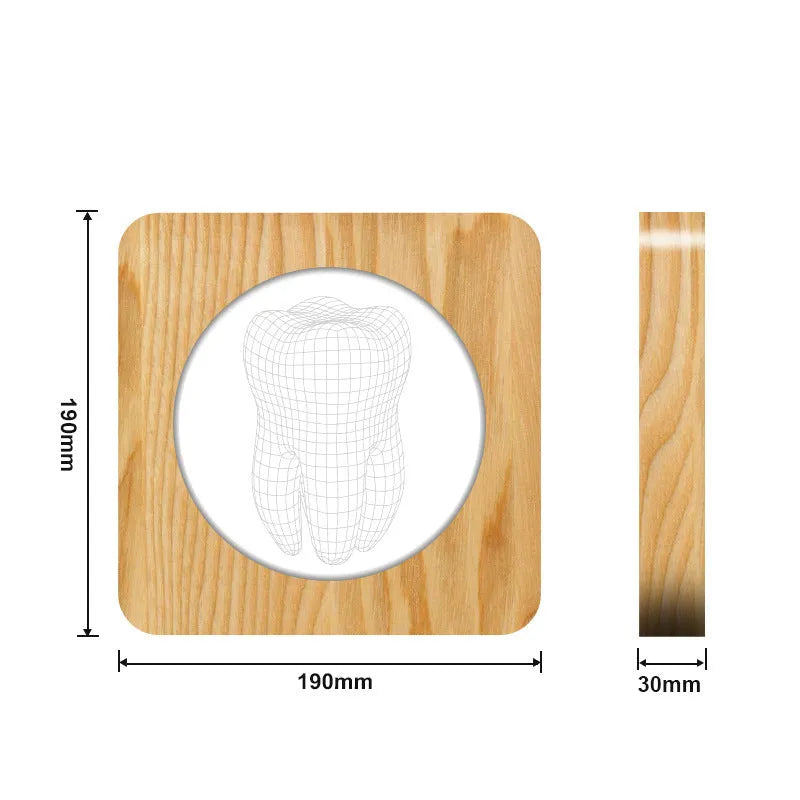Tooth-shaped acrylic night lamp in log colour with USB cable, dimensions 190mm x 190mm x 30mm